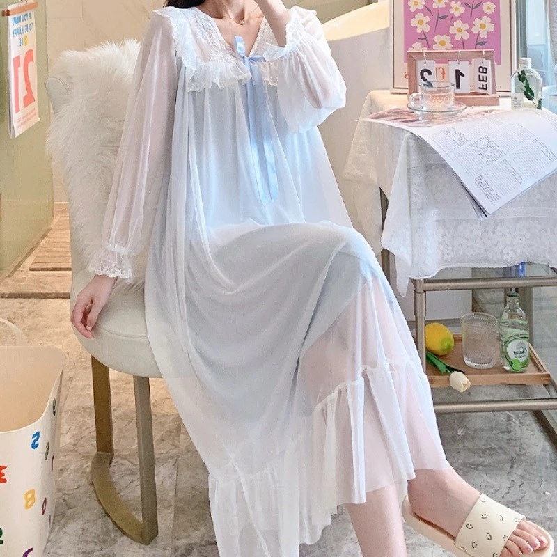 

Romantic Nightgown Night Dress Women Fairy Mesh Long Sleeve Lace Peignoir Victorian Vintage Princess Sleepwear Lolita Nightie