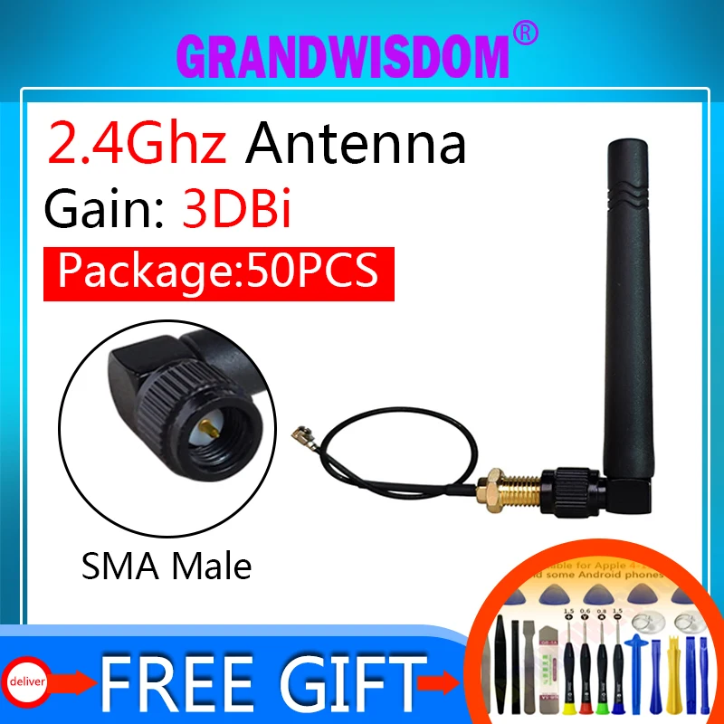 

50pcs 2.4ghz Antenna 3dbi SMA Male wifi antene 2.4G Aerials 2.4 Ghz antenne Plug Connector wi fi Antena wi-fi antennas router