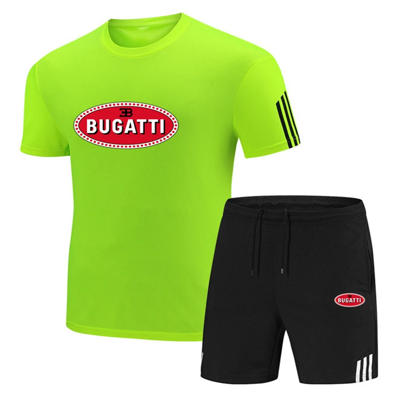 

BUGATTI car LOGO new men's 2021 summer two-piece men's short-sleeved T-shirt + shorts suit sportswear fitness running suit