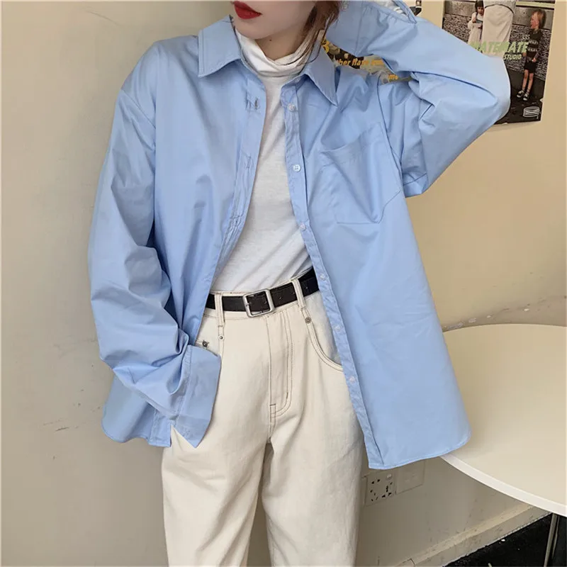 Женская офисная блузка HziriP белая или синяя с длинным рукавом и отложным