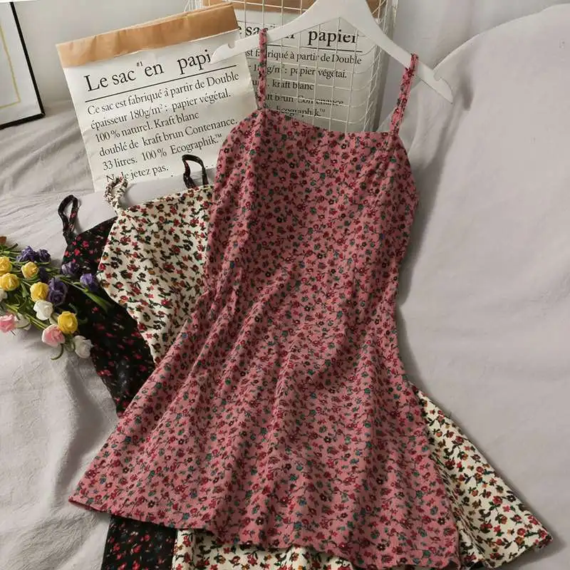 

2021 summer retro print short open back dress women's new high waist slim floral versatile suspender skirt