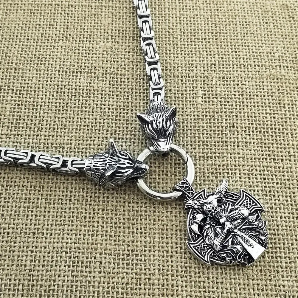 

Men Stainless Steel Necklace Viking Warrior Odin Crow Pendant Wolf Head Chain Necklace Fashion Punk Jewelry