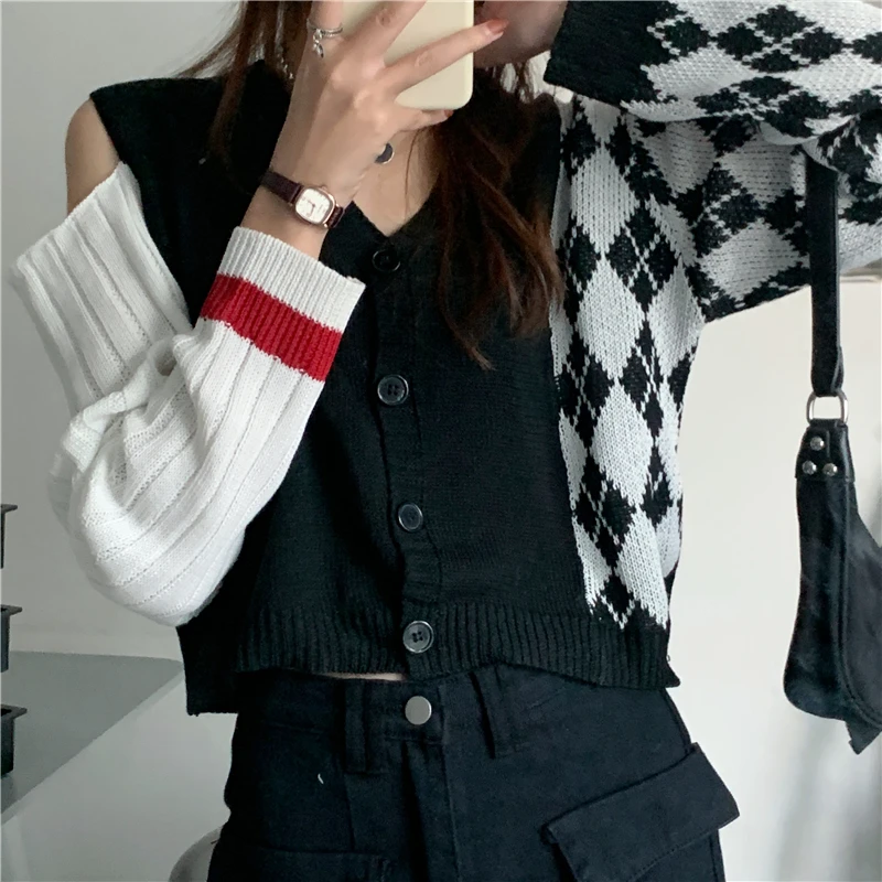 

Off Shoulder Asymmetric Black Autumn Winter Clothes Women Vintage Style Plaid Knitted Sweaters Hollow Out V-neck Cardigans New