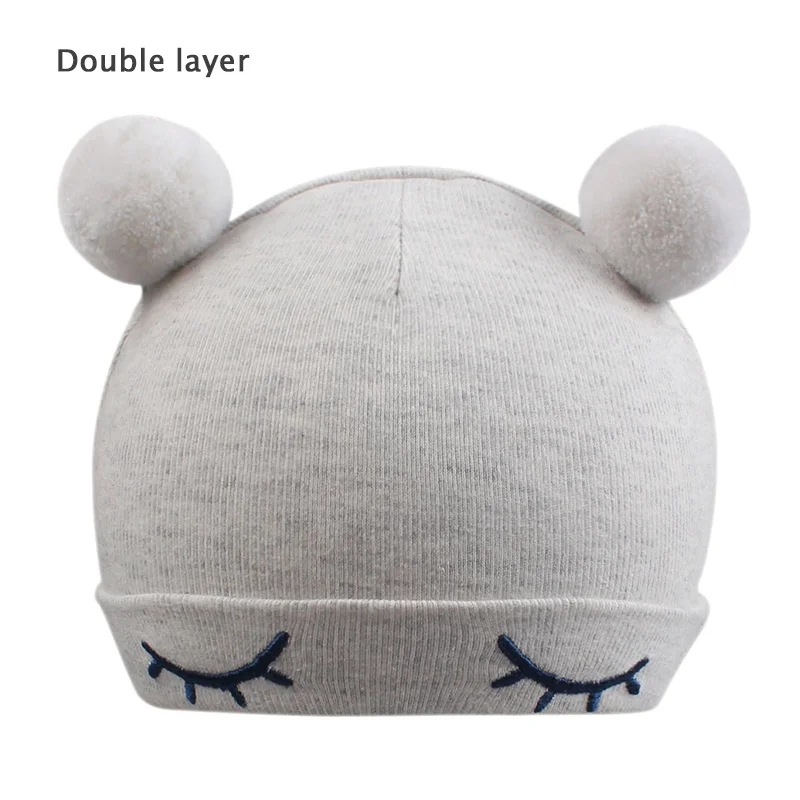 Double Gray Ball Милая шапочка для новорожденных; хлопковая однотонная шапка для новорожденных мальчиков; шапка с медвежьими ушками и кроличьими ушками для маленьких девочек; шапочка для новорожденных; сезон весна-лето - Цвет: Double Gray Ball