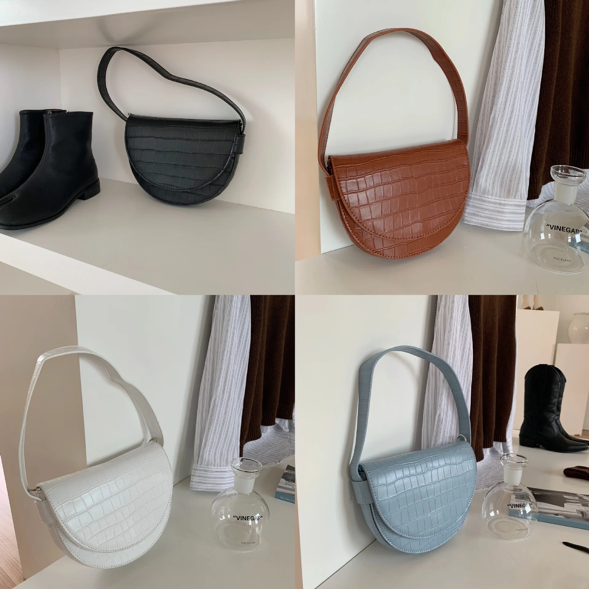 

Women Crossbody Bag Fashion Crocodile Semicircle Saddle Bags PU Leather Shoulder Bags For Female Handbags