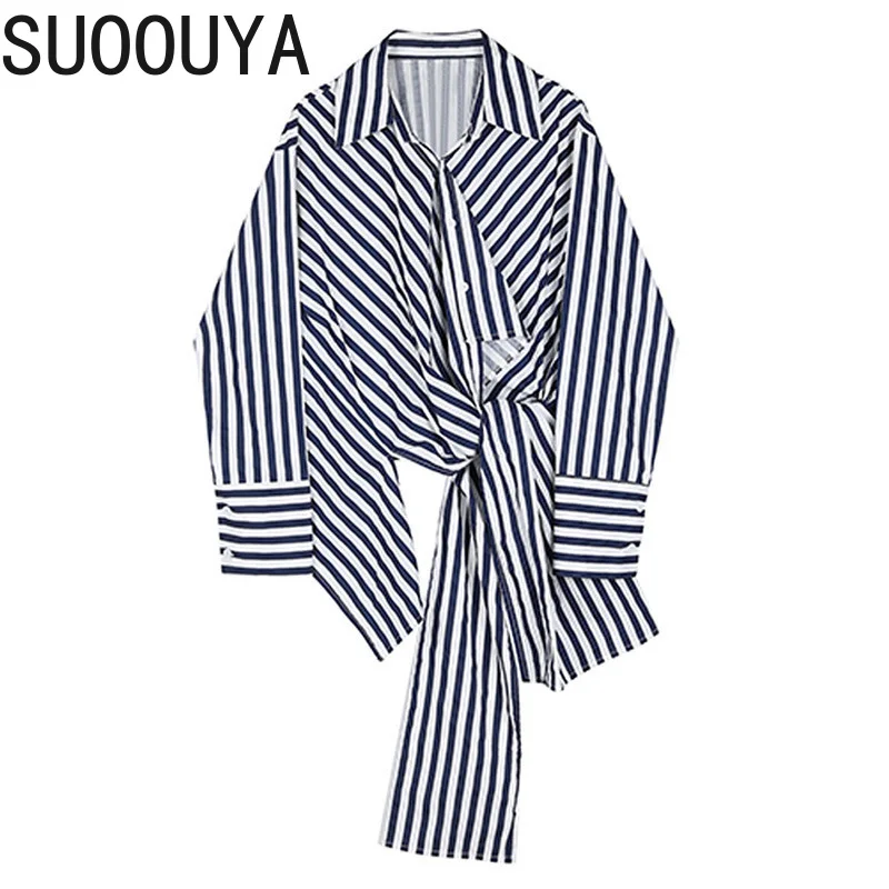 

[SUOOUYA] Women Korean Fashion Blue Striped Irregular Long Blouse New Lapel Long Sleeve Loose Fit Shirt Tide Spring Autumn 2021