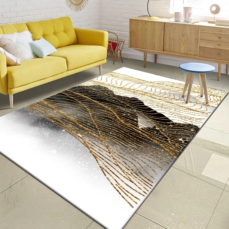 

Abstract Ink Painting Tapete Nordic Style Golden Color Curves Printed Carpets and Rugs for Home Living Room Bedroom Floor Mats