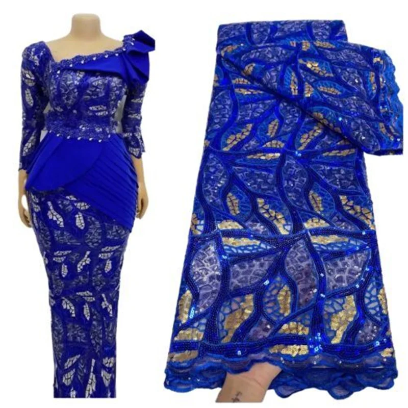 

Новейшая африканская Тюлевая Кружевная Ткань 5 ярдов Высокое качество Королевский Синий Блестки кружевная ткань французская сетчатая ткань для вечернего платья