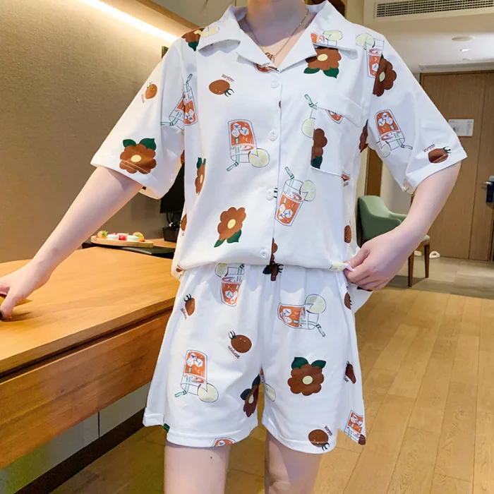 

Women White 2PCS Summer Pajamas Suit Cute Flower Print Cotton Sleepwear With Pocket Nightwear Lounge Short Sleeve Sleepwear