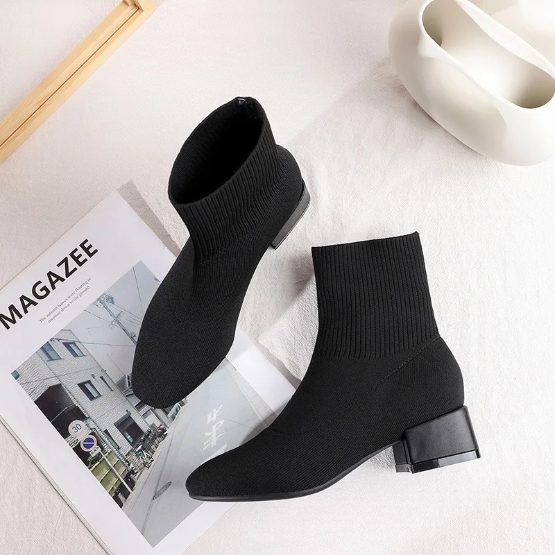 2019 г. эластичные ботильоны женская обувь эластичная ткань на квадратном каблуке