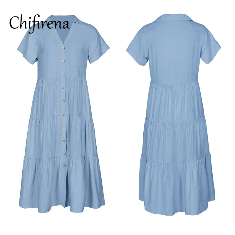 

Chifirena 2021 Short Sleeve Women Shirt Dress Shirring Button Midi Dresses Holiday Sexy Sundress Elegant Party Vestidos Female