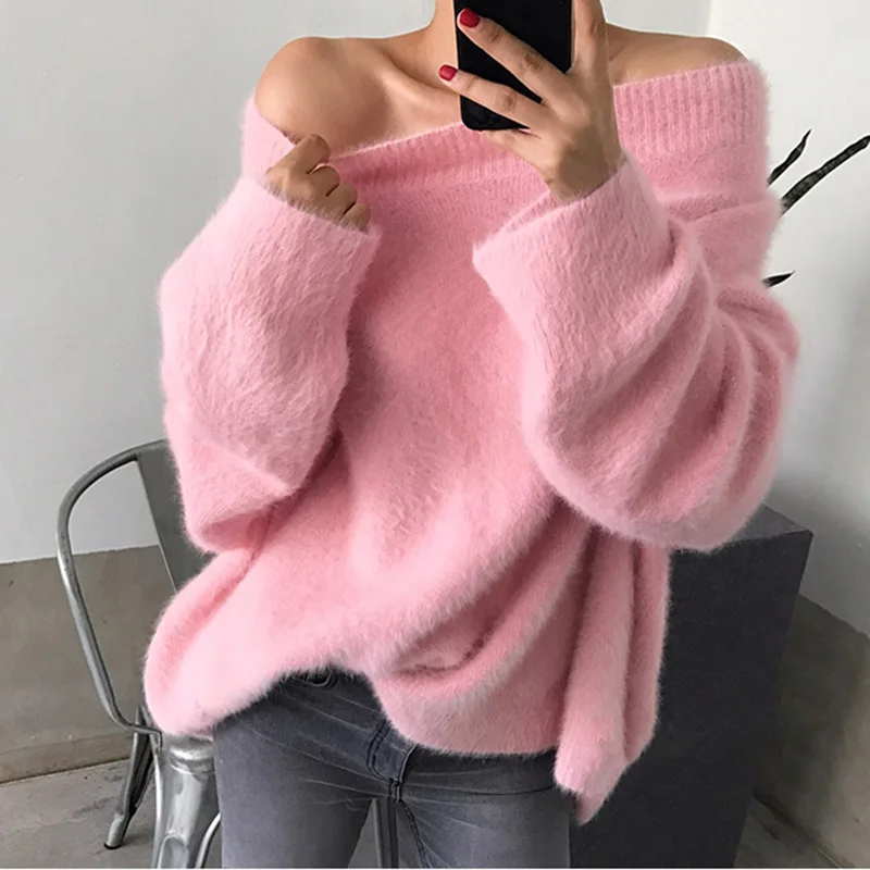 Женские осень-зима с вырезом лодочкой имитацией меха норки розового свитера