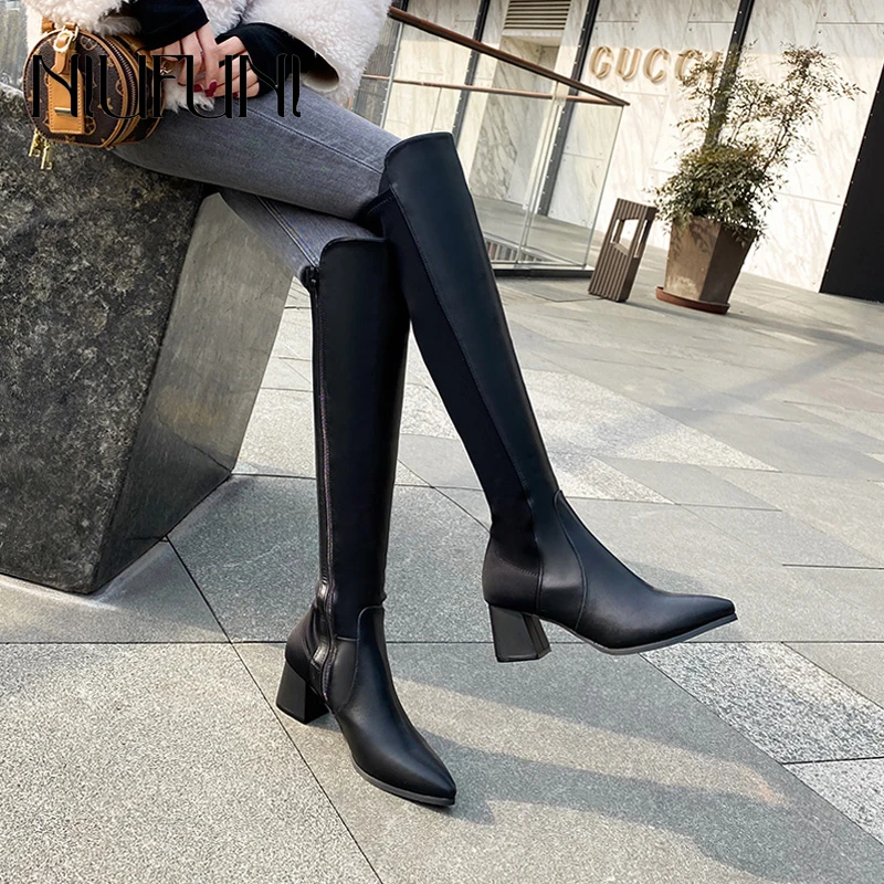 

Winter Women's High Boots Thick High Heels Pointed Slim PU Leather Stretch Fabric Long Tube Black Sexy British Thigh High Boots