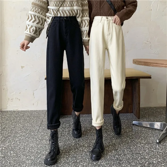 

Black Fleece Thick High Waist Jeans for Women Spring and Autumn 2021 New Korean Style High-Looking Slimming Loose Straight