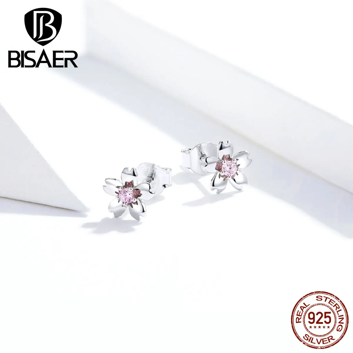 Серьги с цветами BISAER 925 пробы серебро маленькие вишневые цветы серьги-гвоздики