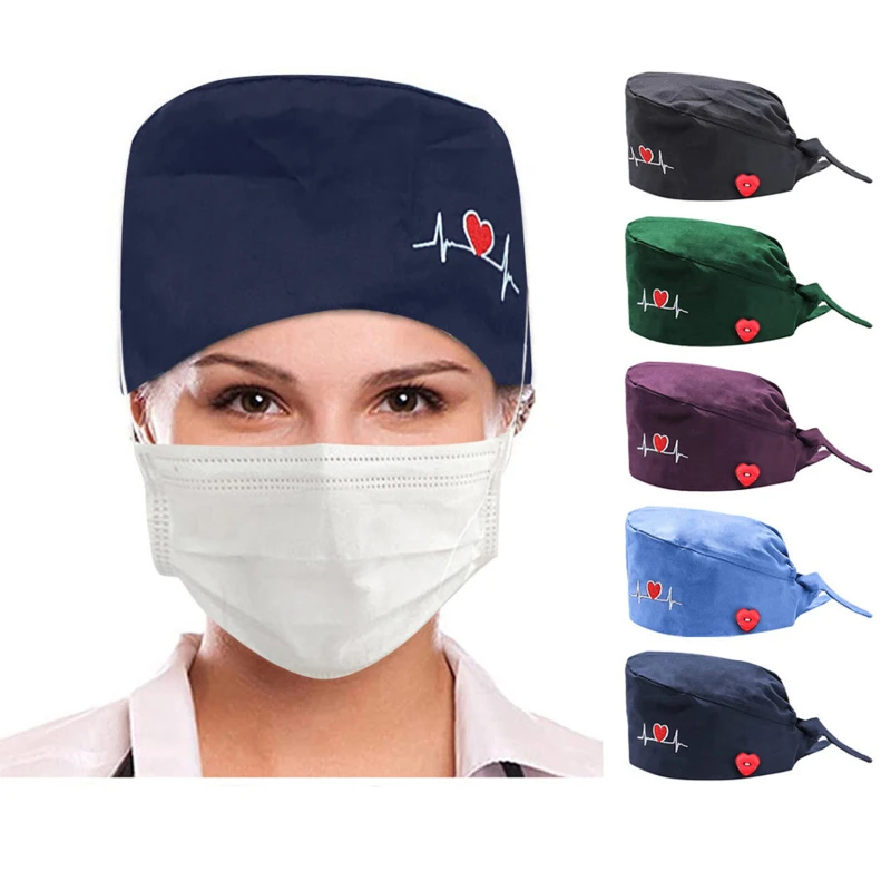 

Unisex Scrubs Hats with Button Women Men Heart Printed Reuseable Casual Hats Bandage Adjustable Caps Washable Working Caps