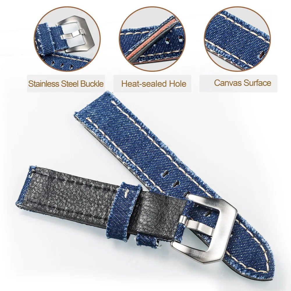 Hemsut Canvas Watch Bands Quick Release Premium Denim Blue Two Pieces Watch Straps Matt Steel Buckle 20mm 22mm 24mm
