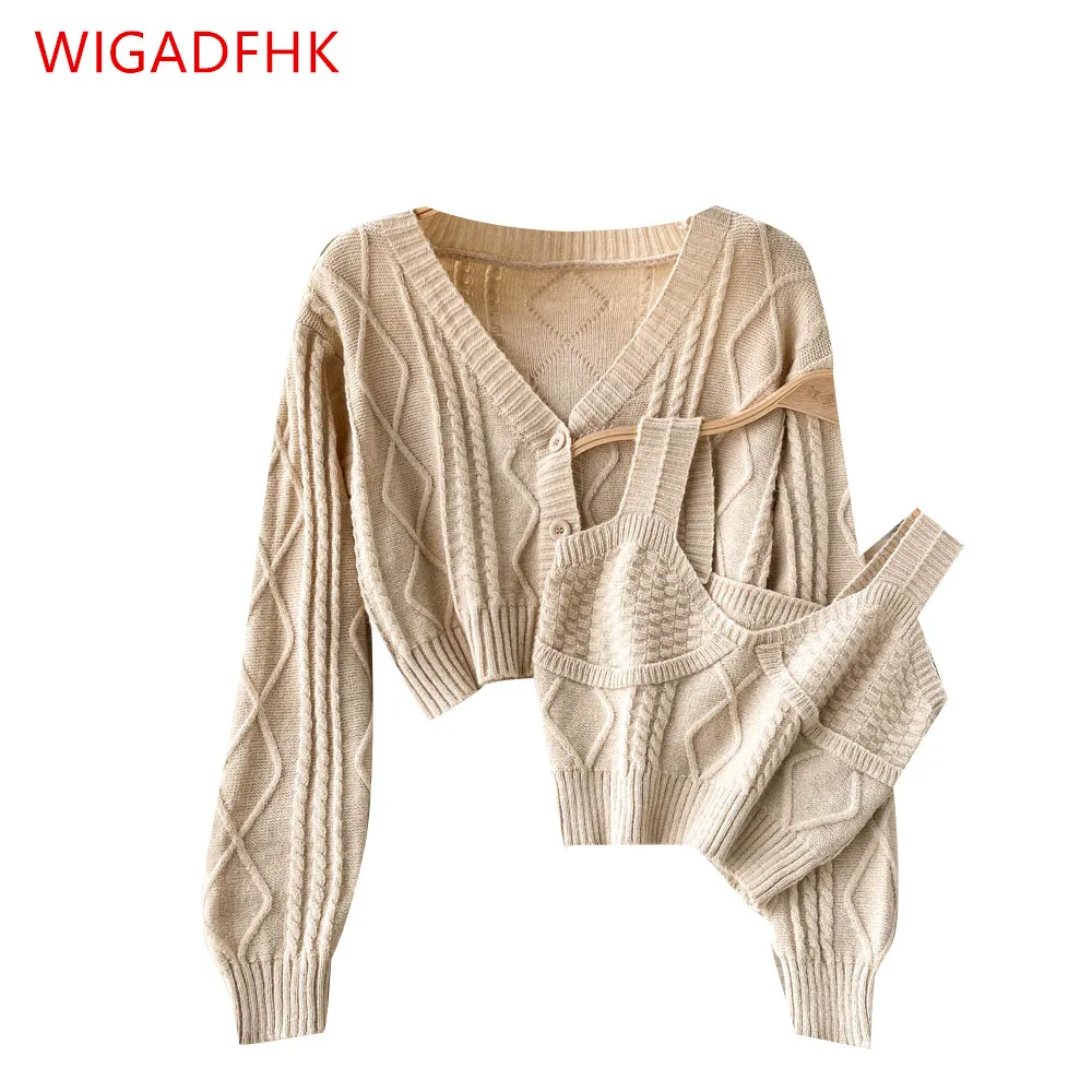 

Women's Short Knitted Camisole + Retro Twist Loose V-neck Cardigan Sweater Jacket Two-piece Winter Fashion Western Sweater Top