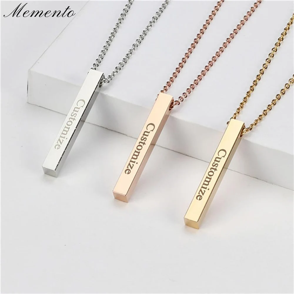 

Custom Vertical Cuboid Necklace Stainless Steel Three-Dimensional Engraved Signature Pendant Fashion Gold Jewellery for Women