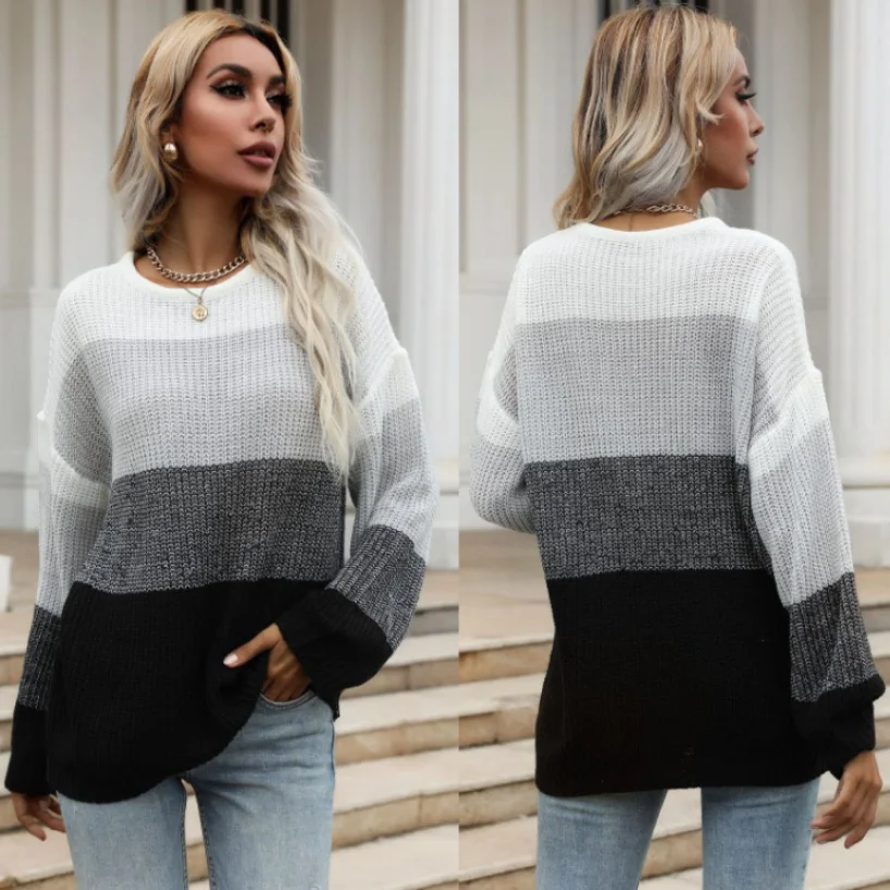 

2021 Autumn/Winter Thick Women's Warm Loose Fashion Round Neck Striped Hollow Knitted Large Size Long Sleeve Thin Sweater Pullov