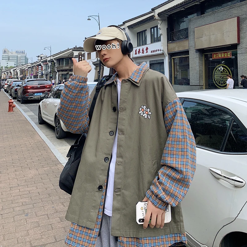 

Искусственные пальто из двух частей, Мужская модная брендовая свободная красивая куртка из искусственной кожи, универсальная Осенняя клет...