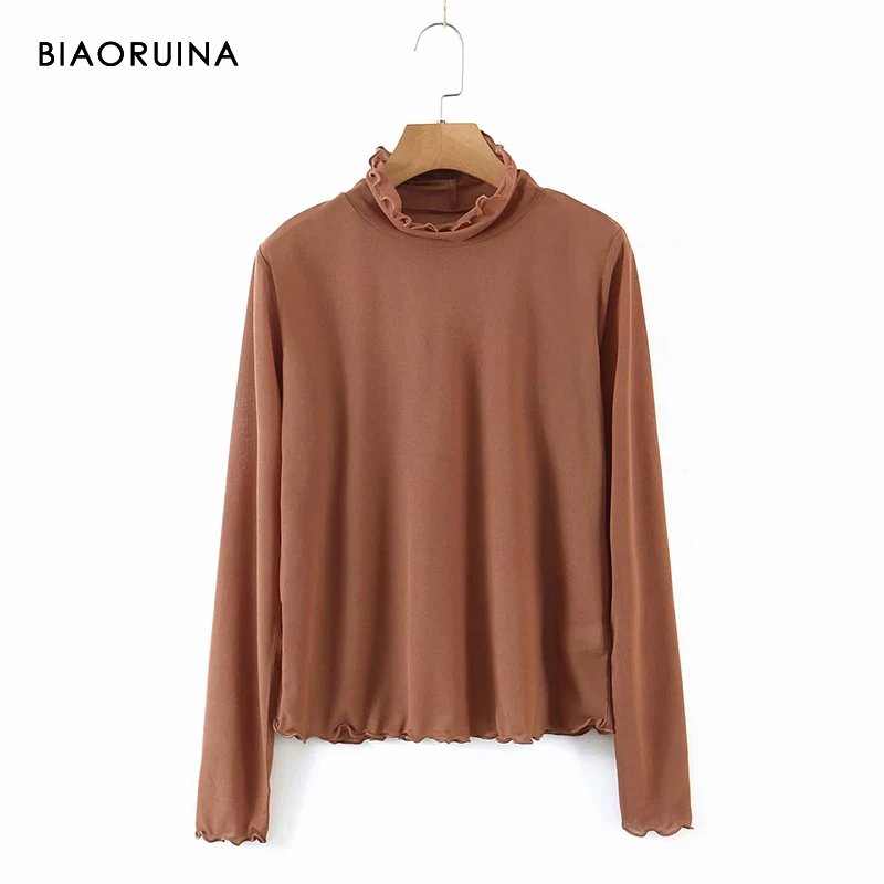 

BIAORUINA Женская однотонная Минималистичная универсальная Удобная трикотажная футболка Женская Весенняя футболка с длинным рукавом повседне...