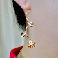romantic 18k gold color rose flower and leaf long earrings sexy lady dangle earrings valentines day party female korean jewelry