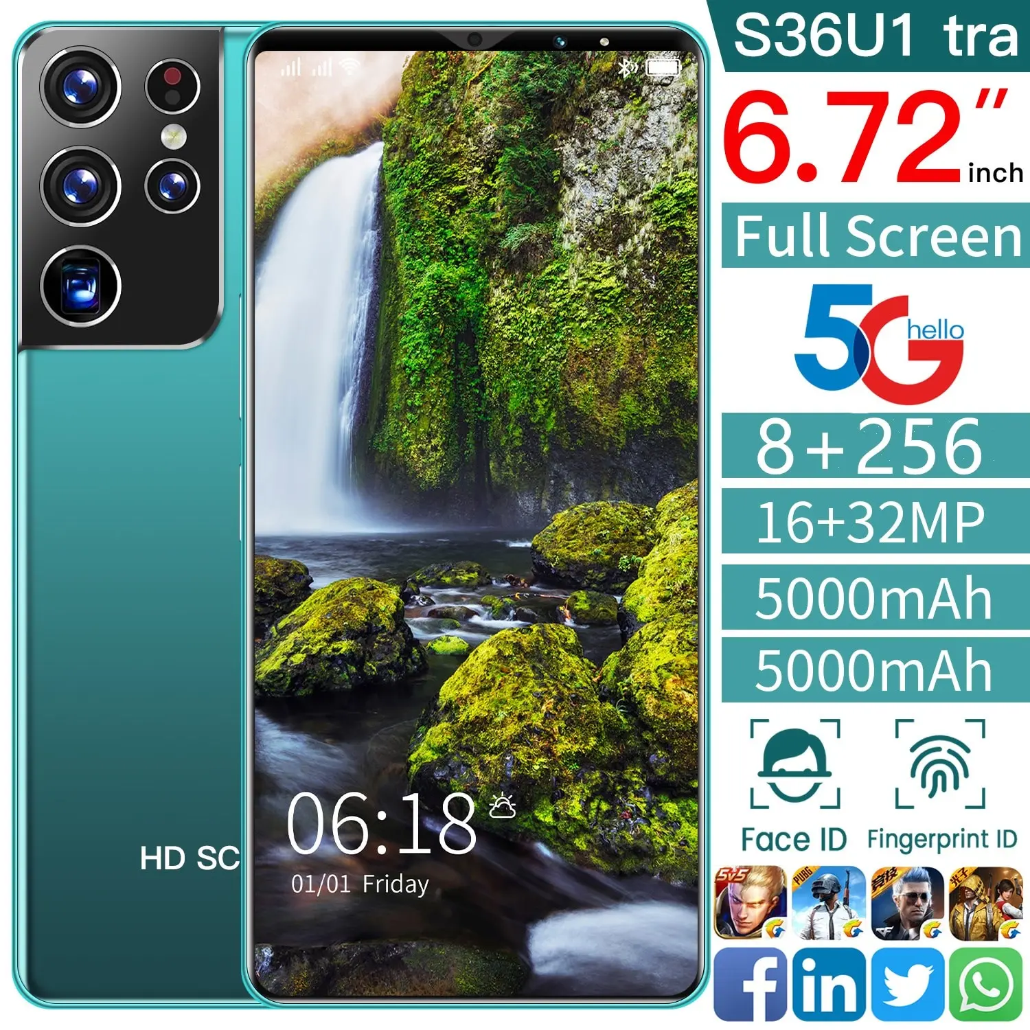 

2021 New Arrival Global Smartphone S36u1 tra 6.72 Full Screen Mobile Phone 8+256G 16MP+32MP 5000MAH Face Fingerprint ID 5G
