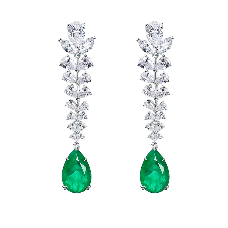 

Luxury Dinner Olive Leaf Diamond 100% 925 Sterling Silver Emerald Earrings Exquisite Jewelry