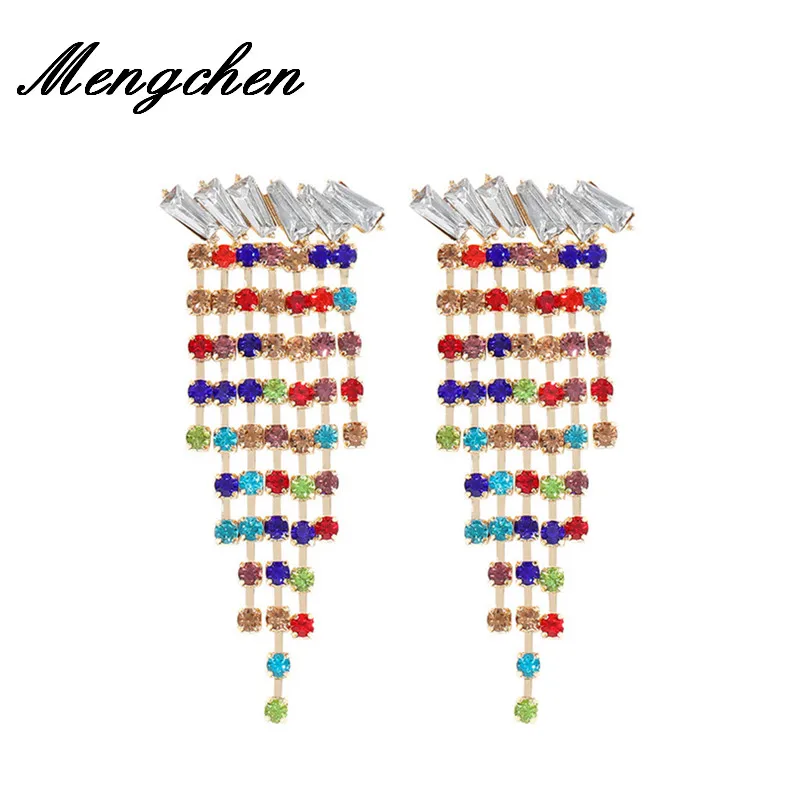 

Bohemian Shiny Long Fringed Colorful Rhinestone Wedding Earrings for Women Statement Jewelry Bling Bling Drop Earring