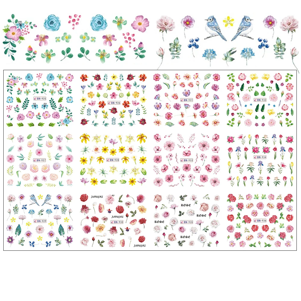 Наклейка для дизайна ногтей в виде зеленого цветка и листьев Переводные картинки