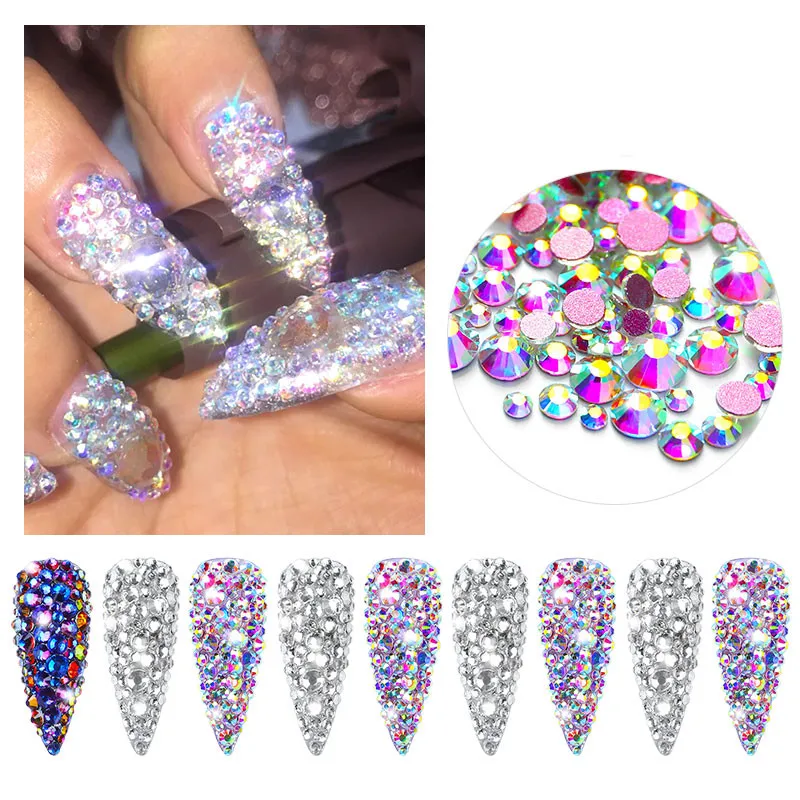 

1440 шт. разные размеры, кристаллы для ногтей AB Стразы, украшения для ногтевого дизайна, подвески с плоским основанием, 3D драгоценные камни для...