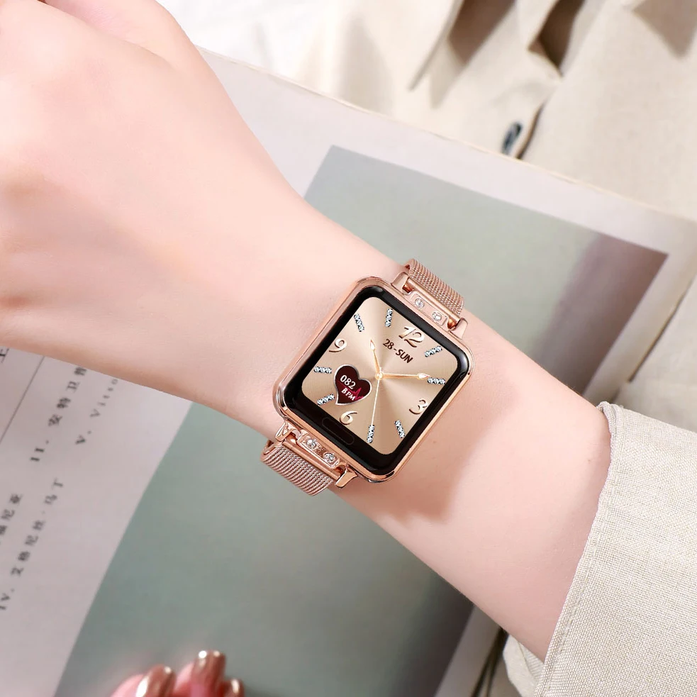 High-end fashion women's square smart watch stainless steel mesh belt waterproof health bracelet heart rate pedometer Bluetooth