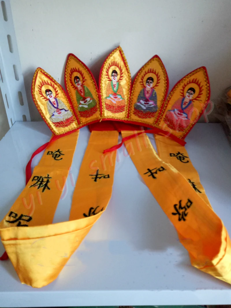 Five Buddha crown, fine embroidery, Dharma hat, Buddha hat, high-quality ribbon, five Buddha crown, Buddhist products