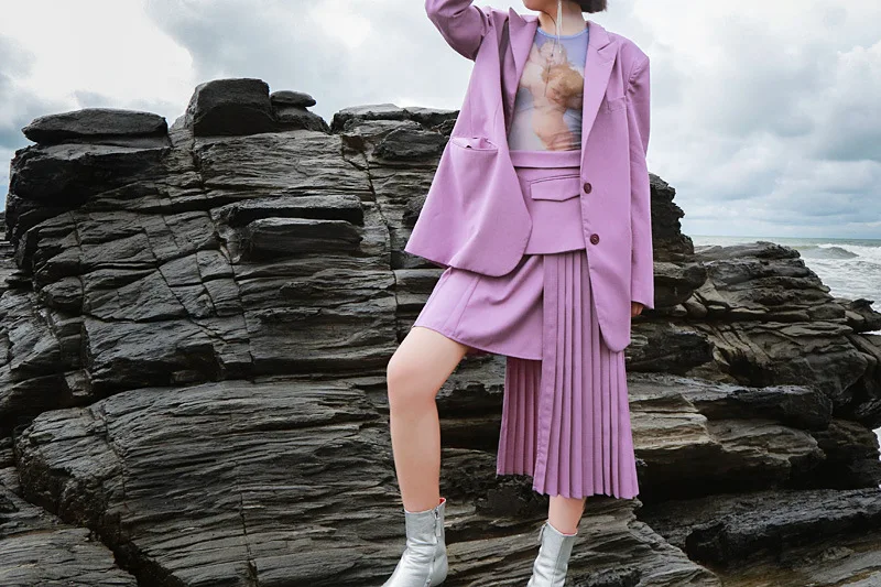 

2021 Summer New Women Clothing High-Waist Purple Pleated Skirts Women Asymmetric Stitching Suit Short Skirt Femme Student Faldas