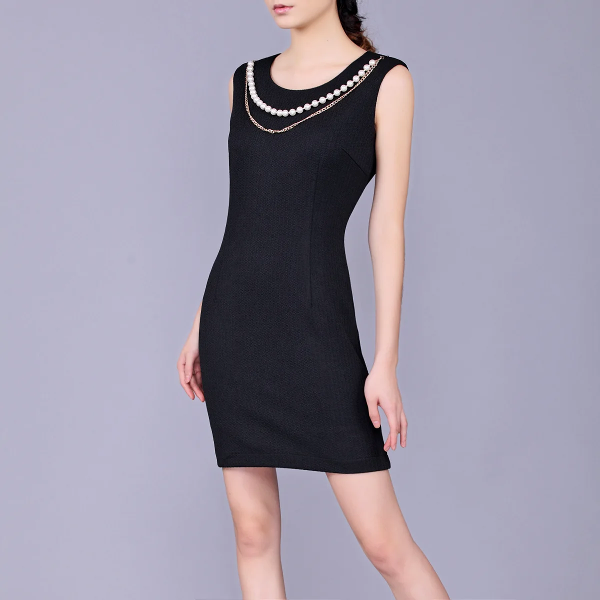 

Female Spring Plus Size Black Pencil Dresses Woman Summer Sleeveless Knee-length Dress Women Beading Slim Dresses Lady Ol Dress