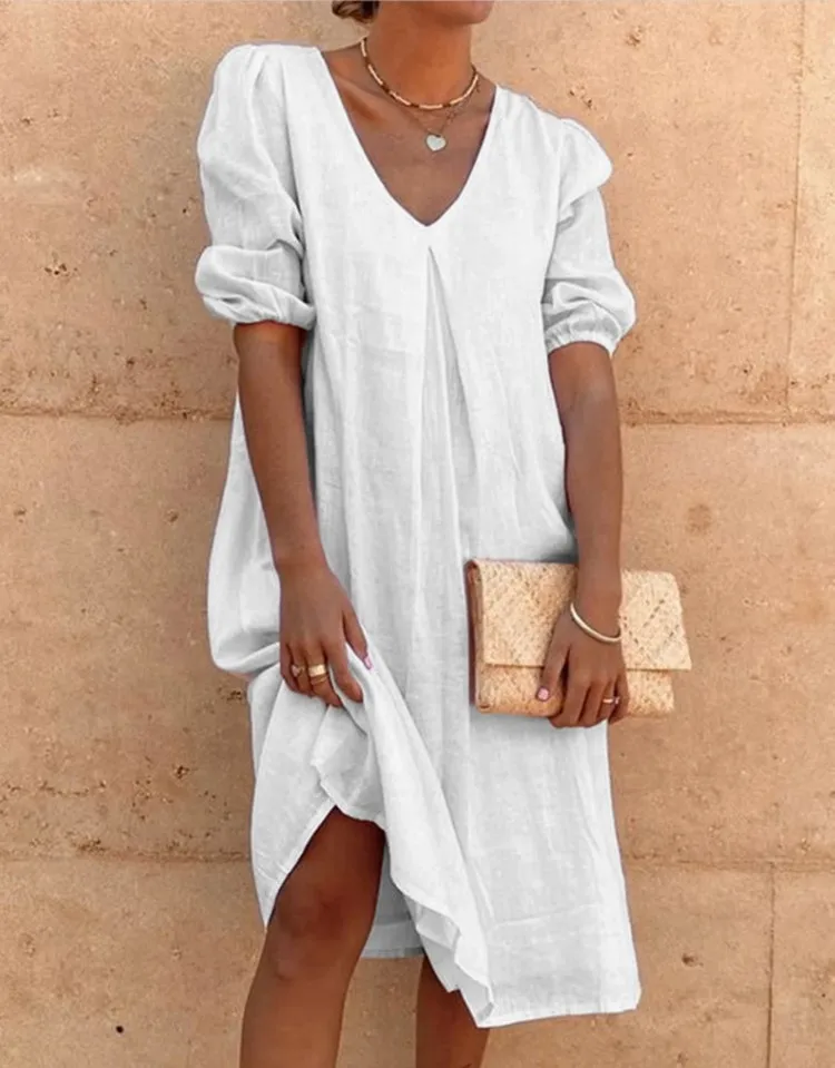 

2021 Middle Length Dress Female V-Neck Loose Home Solid Color Fashion All-Match Long Sleeve Casual
