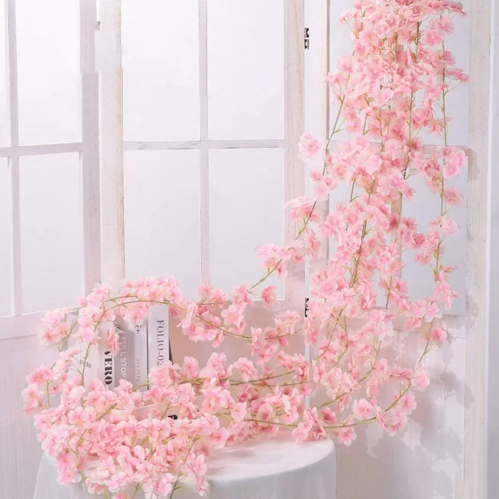 

2PCS 1.8M Artificial Cherry Blossom Hanging Vine Garland Fake Silk Flower Hanging Vine Sakura for Party Wedding Arch Home Decor