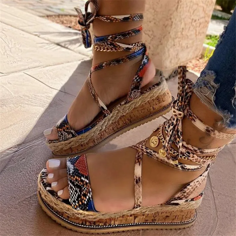 

Women Platform Snake Sandals 2020 Summer Cross Strap Ankle Lace Peep Toe Heel Shoes Wedding Party Dress Female Sandals Shoes