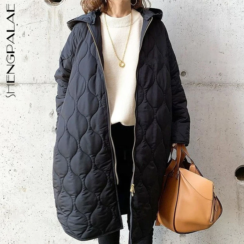 

SHENGPALAE Fashion Solid Color Cotton Padded Jacket Women's Winter 2021 New Hooded Loose Zipper Long Sleeve Coat Female Tide