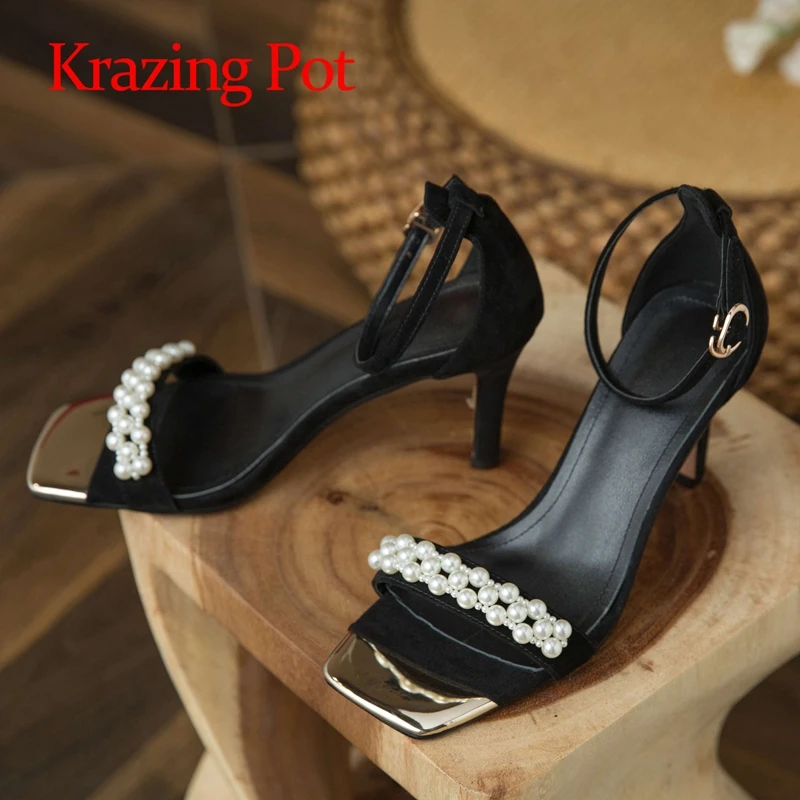

lenkisen sheep suede super high heels pearl slingback open toe beading high quality buckle straps strsummer sandals women L55