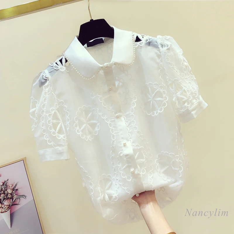 

Embroidery Beads Organza Transparent Lace Shirt Women's Short Sleeve Blouses 2021 Summer New Girls Ladies Elegant White Top
