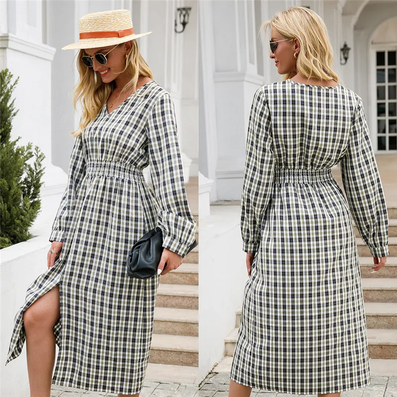 

Fashion Plaid Long Office Ladies Party Dress Full Sleeve V-Neck Women Autumn Dress Loose Casual Maxi Holiday Streetwear Vestidos