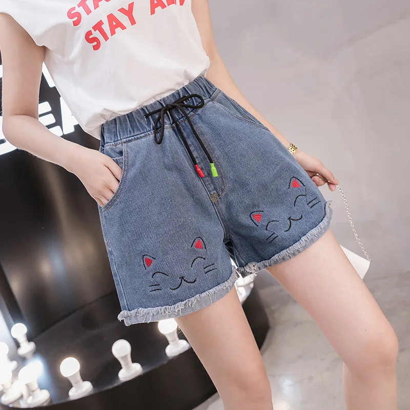 

gkfnmt Plus Size 4XL 5Xl Jeans Shorts Cat Embroidery Summer Women's Denim Large Size High Waisted Shorts Elastic Waist For Women