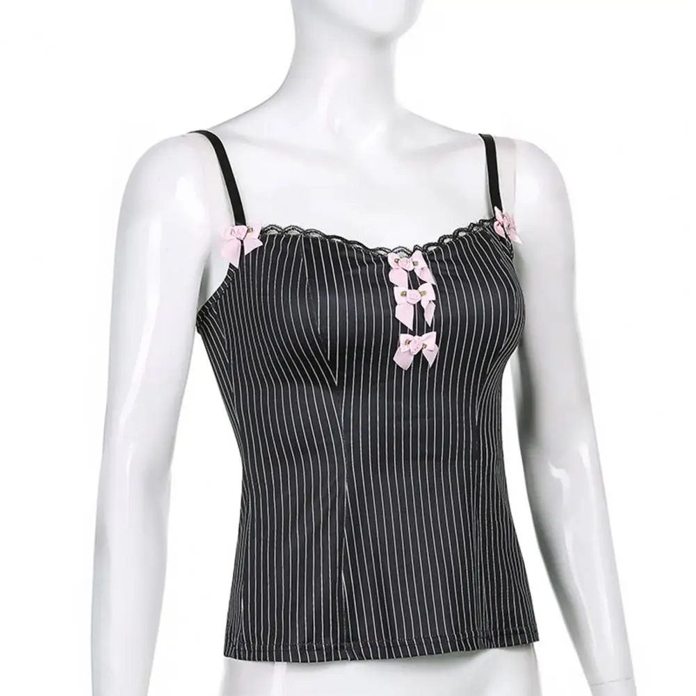 

Striped Lace Trim Camisole Women Sleeveless Striped Vest for Summer Skinny Camis Y2K Black Crop Lace Frill Mini Vest Bow Cute
