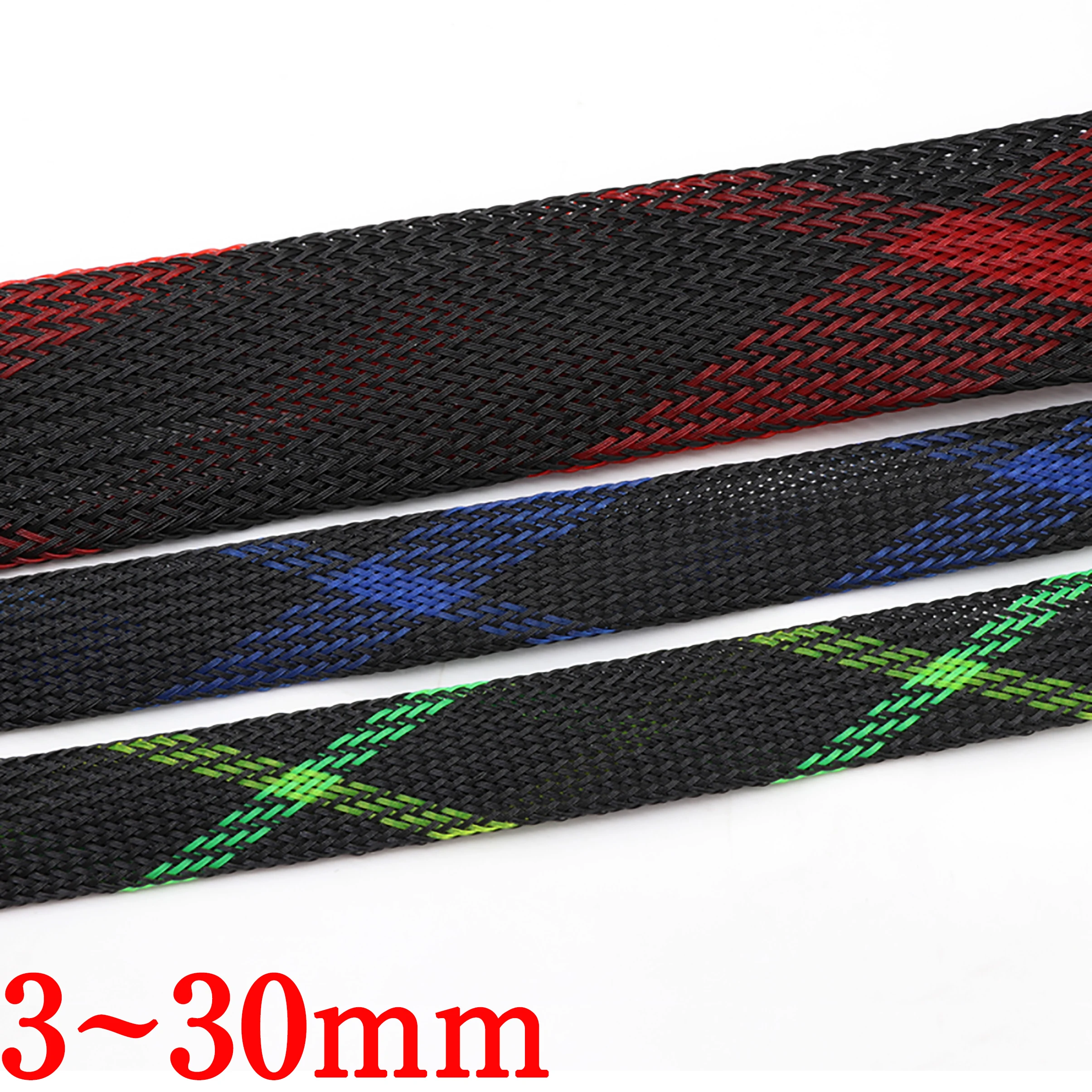 1M/5M Black+Blue/Red/UV Green+Yellow Tight High Density PET Braided Sleeve 3 - 30mm Insulated Line Cable Protection Expandable