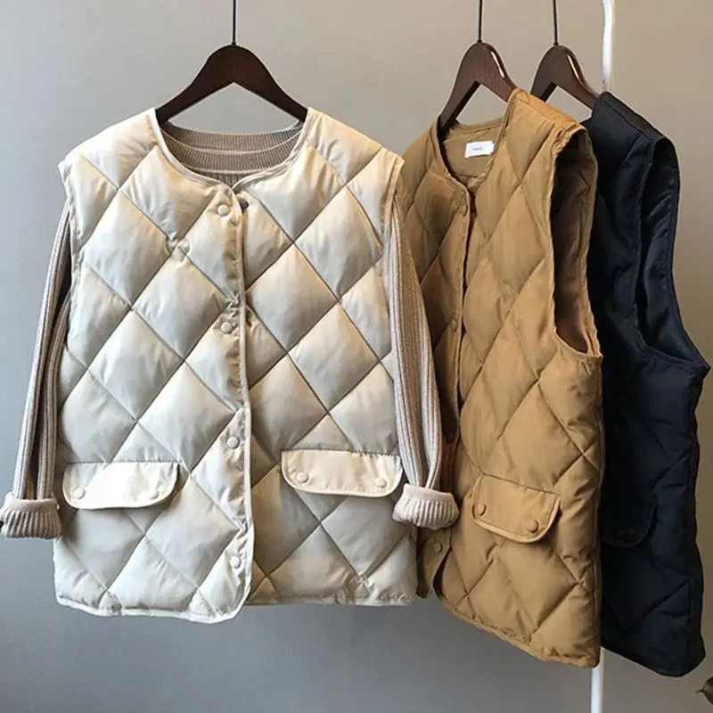 Waistcoat Women's Short Cotton Vest Rhombic Lattice Jacket Wear Versatile Autumn Winter Cotton-Padded Coat Clothes