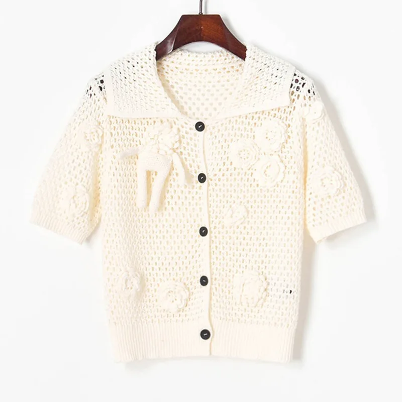 

2021 New Pointelle Hollow out Three-Dimensional Decoration Hand Crochet Flower Short Sleeve Sweater Women's Cardigan