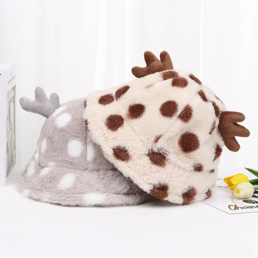 

Winter Faux Fur Cute Antlers Soft Bucket Hat Panama Hat Fisherman Cap Sun Cap