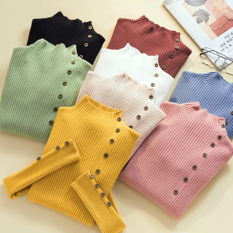 Осень 2021 Новые вязаные женские свитера водолазка одноцветные на пуговицах